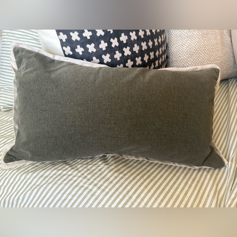 WEST ELM Olive Green Velvet Linen Rectangular Lumbar Pillow + Insert 12 x 21 - Picture 3 of 3